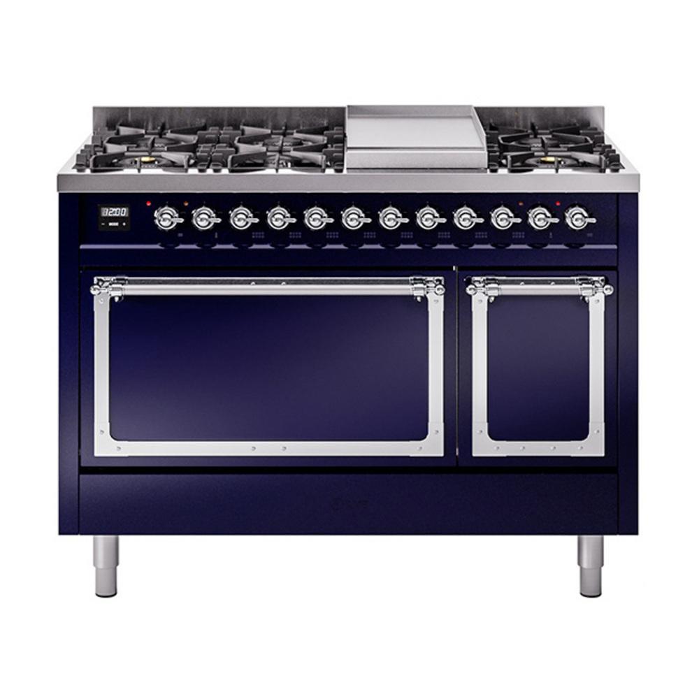 Ilve UN48FQNMPMBCLP Ilve Un48Fqnmpmbclp Nostalgie Ii Noblesse 48" Dual Fuel Range (8 Sealed Burners + Griddle, Liquid Propane, Solid Door, Midnight Blue, Chrome)