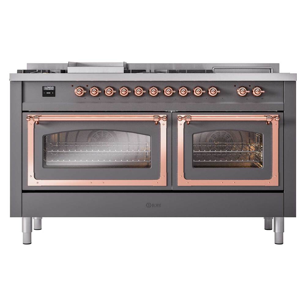Ilve UN60FSNMPMGPLP Ilve Un60Fsnmpmgplp Nostalgie Ii Noblesse 60" Dual Fuel Range (7 Sealed Burners + Griddle + French Top, Liquid Propane, Triple Glass Door, Graphite Matte, Copper)