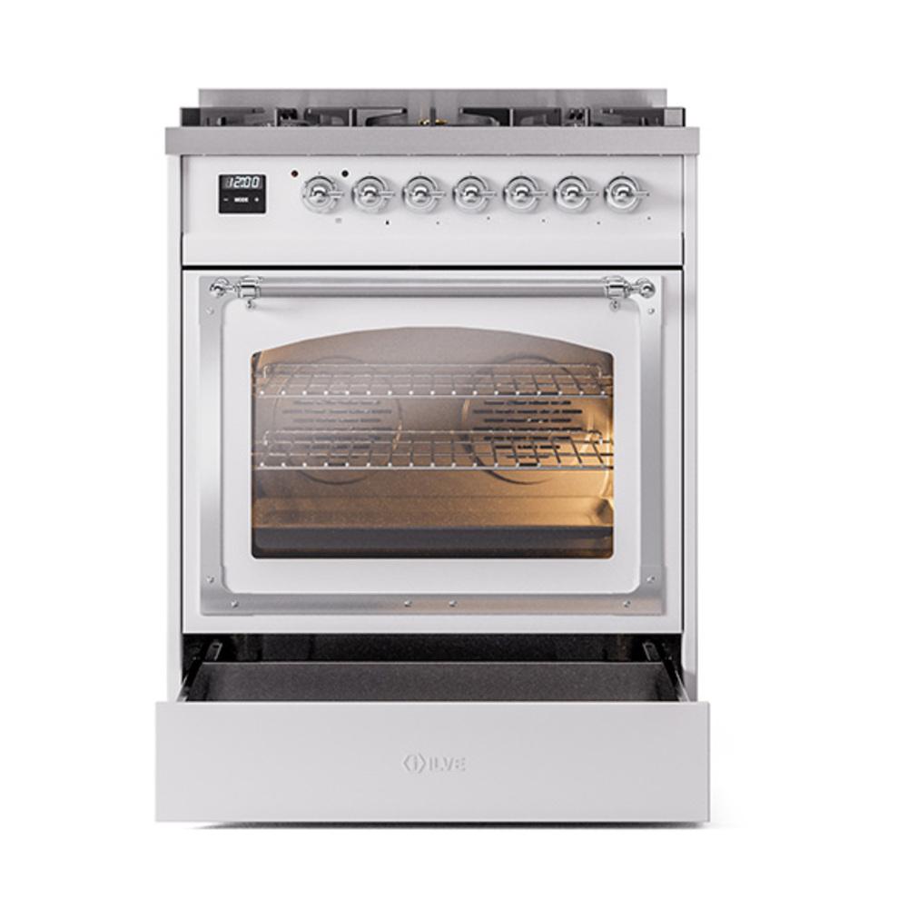 Ilve UN30NMPWHC Ilve Un30Nmpwhc Nostalgie Ii Noblesse 30" Dual Fuel Range (Natural Gas, Triple Glass Door, White, Chrome)