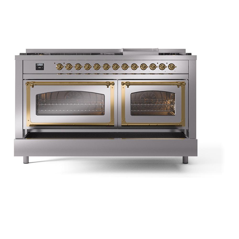 Ilve UN60FNMPSSGLP Ilve Un60Fnmpssglp Nostalgie Ii Noblesse 60" Dual Fuel Range (9 Sealed Burners + Griddle, Liquid Propane, Triple Glass Door, Stainless Steel, Brass)