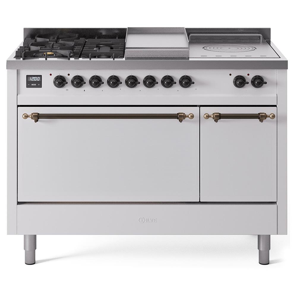 Ilve UP48FSQNMPWHBLP Ilve Nostalgie Ii 48 Up48Fsqnmpwhb Freestanding Dual Fuel Range With 5 Sealed Burners And French Top Double Oven With Solid Door In White With Bronze Knobs