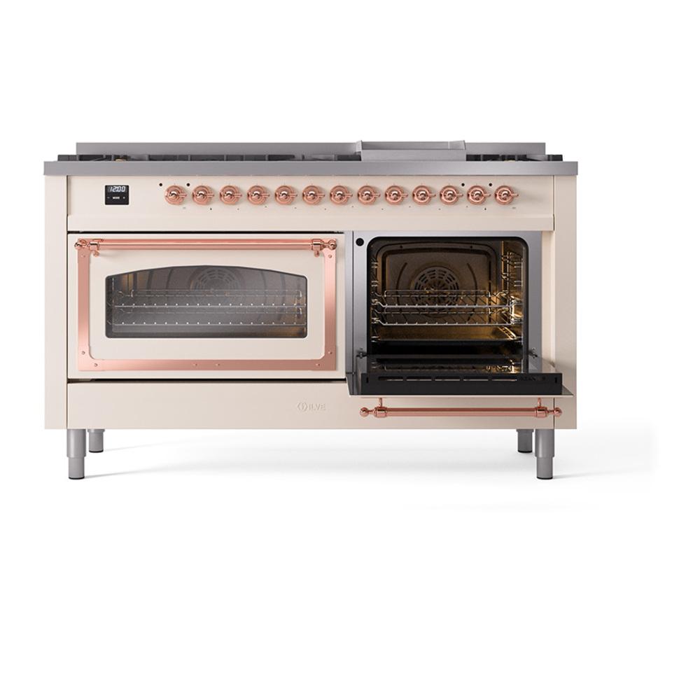 Ilve UN60FNMPAWP Ilve Un60Fnmpawp Nostalgie Ii Noblesse 60" Dual Fuel Range (9 Sealed Burners + Griddle, Natural Gas, Triple Glass Door, Antique White, Copper)