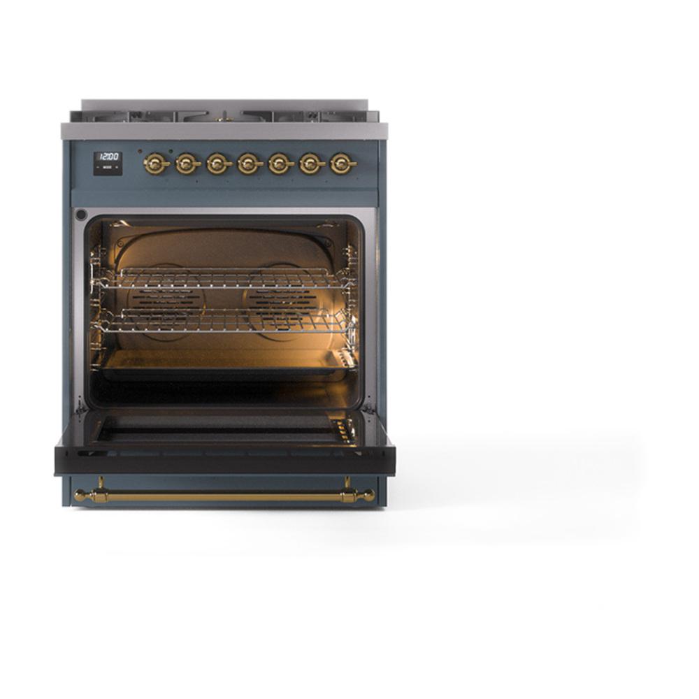 Ilve UN30NMPBGG Ilve Un30Nmpbgg Nostalgie Ii Noblesse 30" Dual Fuel Range (Natural Gas, Triple Glass Door, Blue Grey, Brass)