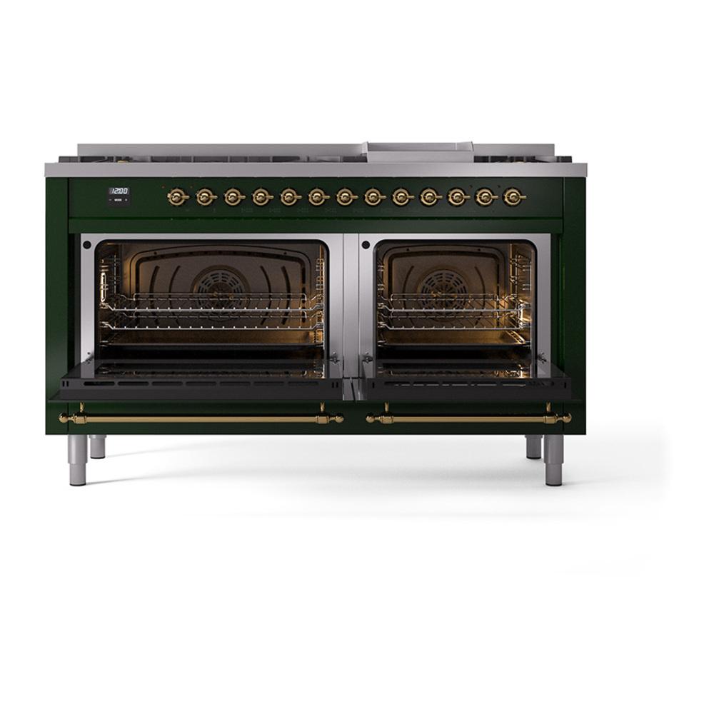 Ilve UN60FQNMPEGGLP Ilve Un60Fqnmpegglp Nostalgie Ii Noblesse 60" Dual Fuel Range (9 Sealed Burners + Griddle, Liquid Propane, Solid Door, Emerald Green, Brass)