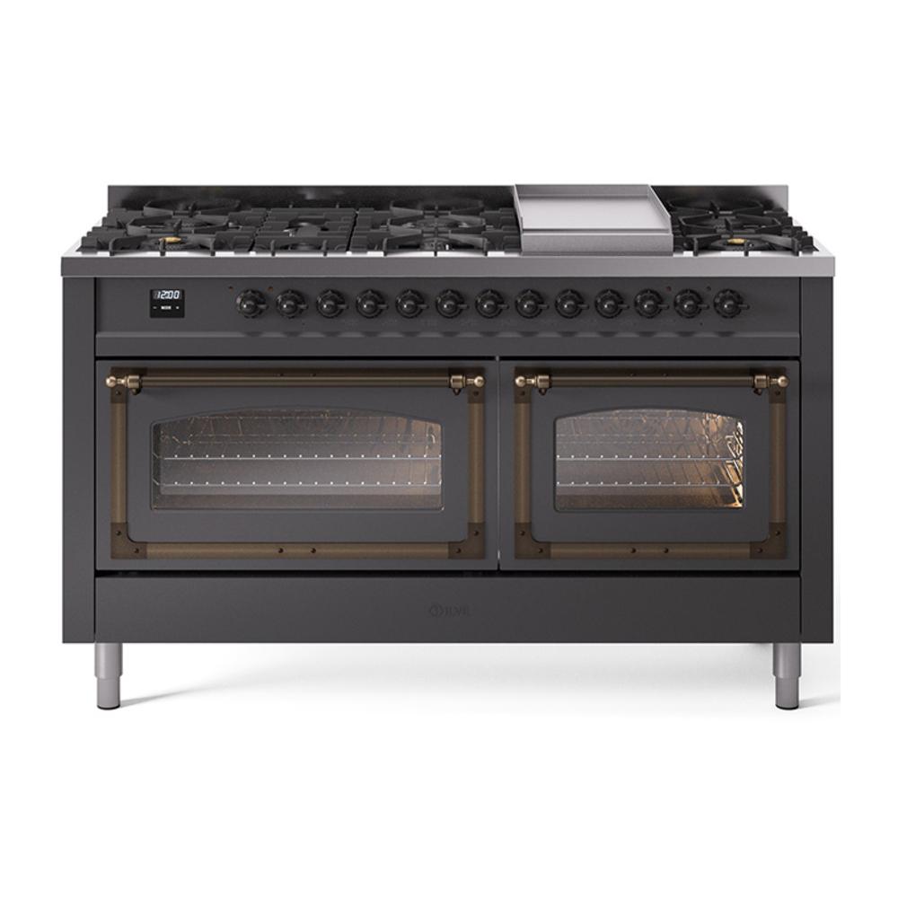 Ilve UN60FNMPMGB Ilve Un60Fnmpmgb Nostalgie Ii Noblesse 60" Dual Fuel Range (9 Sealed Burners + Griddle, Natural Gas, Triple Glass Door, Graphite Matte, Burnished)