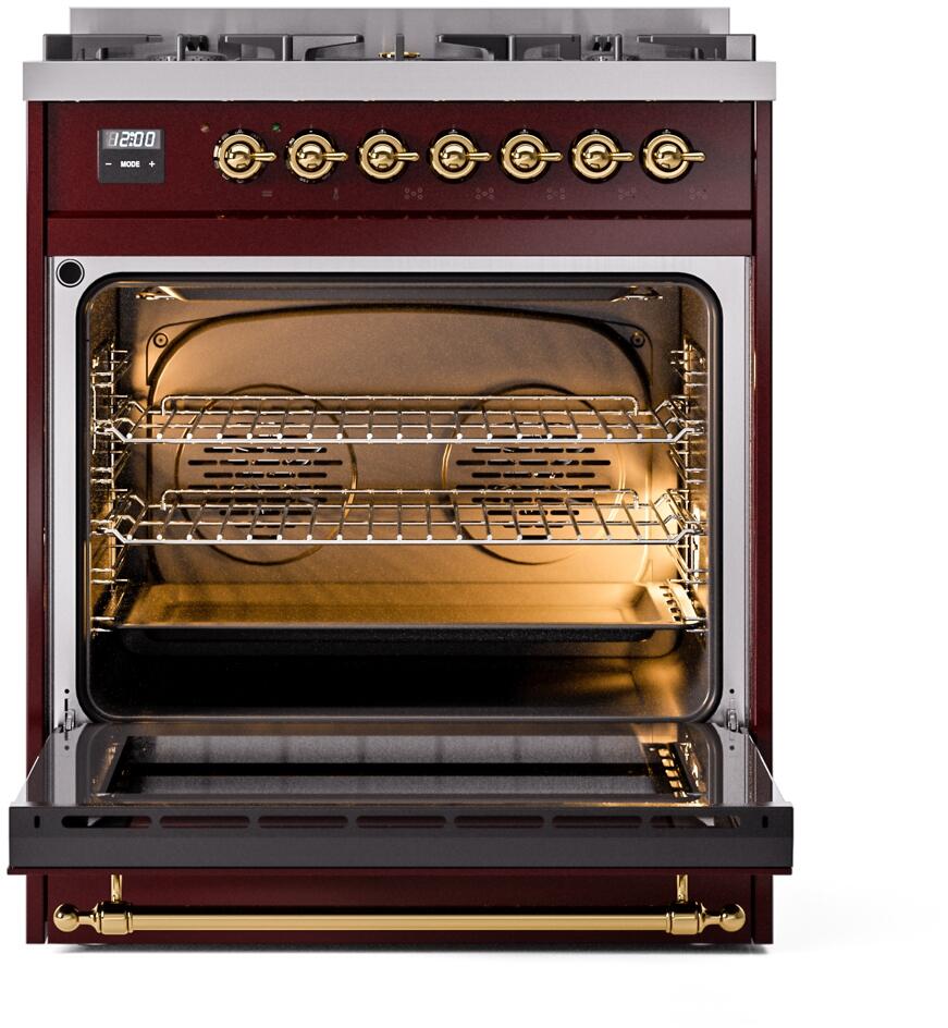Ilve UP30NMPBUG Nostalgie Ii 30 Inch Dual Fuel Natural Gas Freestanding Range In Burgundy With Brass Trim