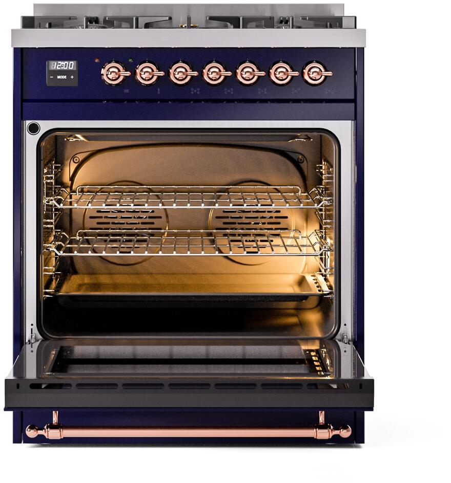 Ilve UP30NMPMBPLP Nostalgie Ii 30 Inch Dual Fuel Liquid Propane Freestanding Range In Blue With Copper Trim