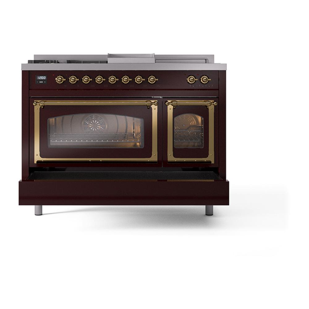 Ilve UN48FSNMPBUG Ilve Un48Fsnmpbug Nostalgie Ii Noblesse 48" Dual Fuel Range (5 Sealed Burners + Griddle + French Top, Natural Gas, Triple Glass Door, Burgundy, Brass)