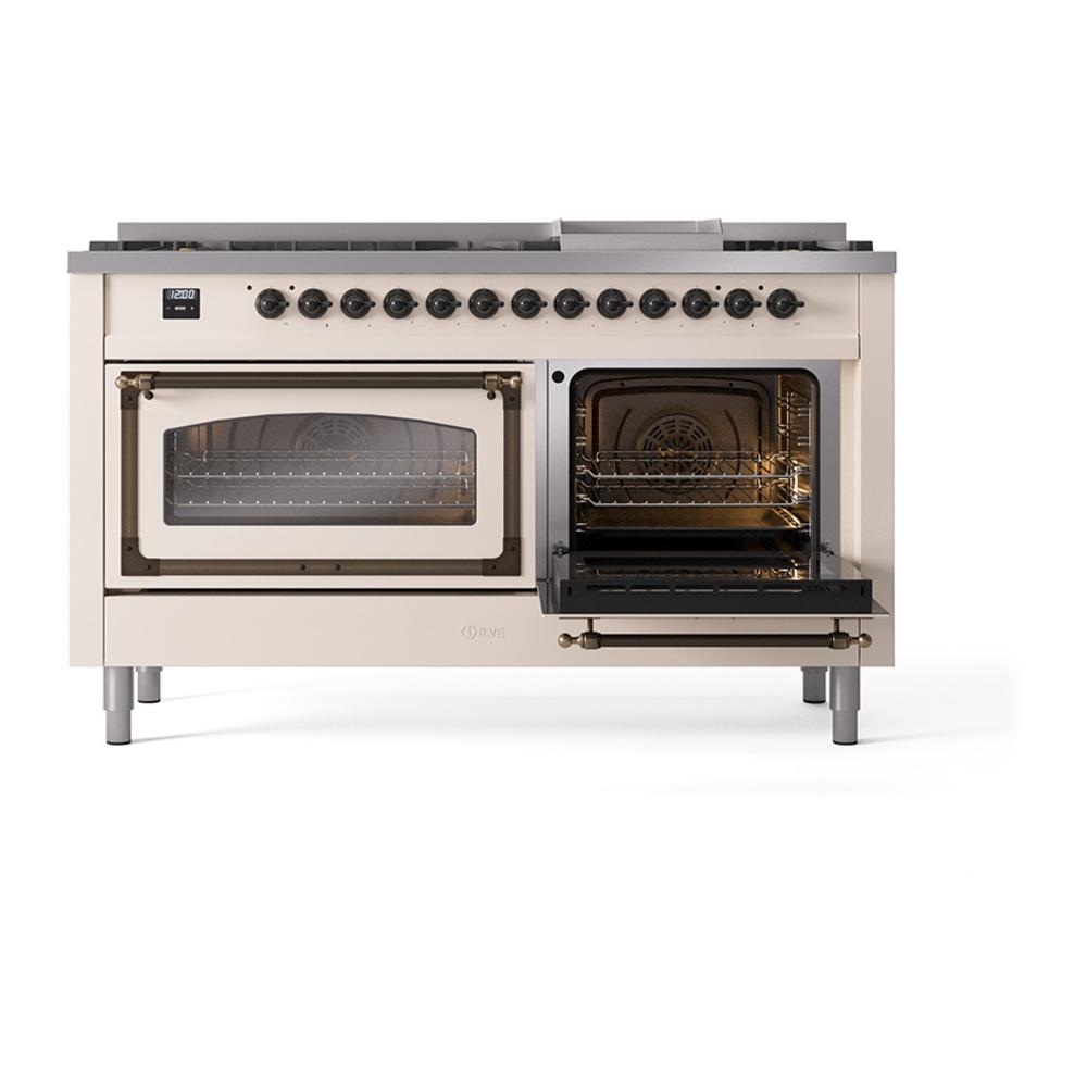 Ilve UN60FNMPAWB Ilve Un60Fnmpawb Nostalgie Ii Noblesse 60" Dual Fuel Range (9 Sealed Burners + Griddle, Natural Gas, Triple Glass Door, Antique White, Burnished)