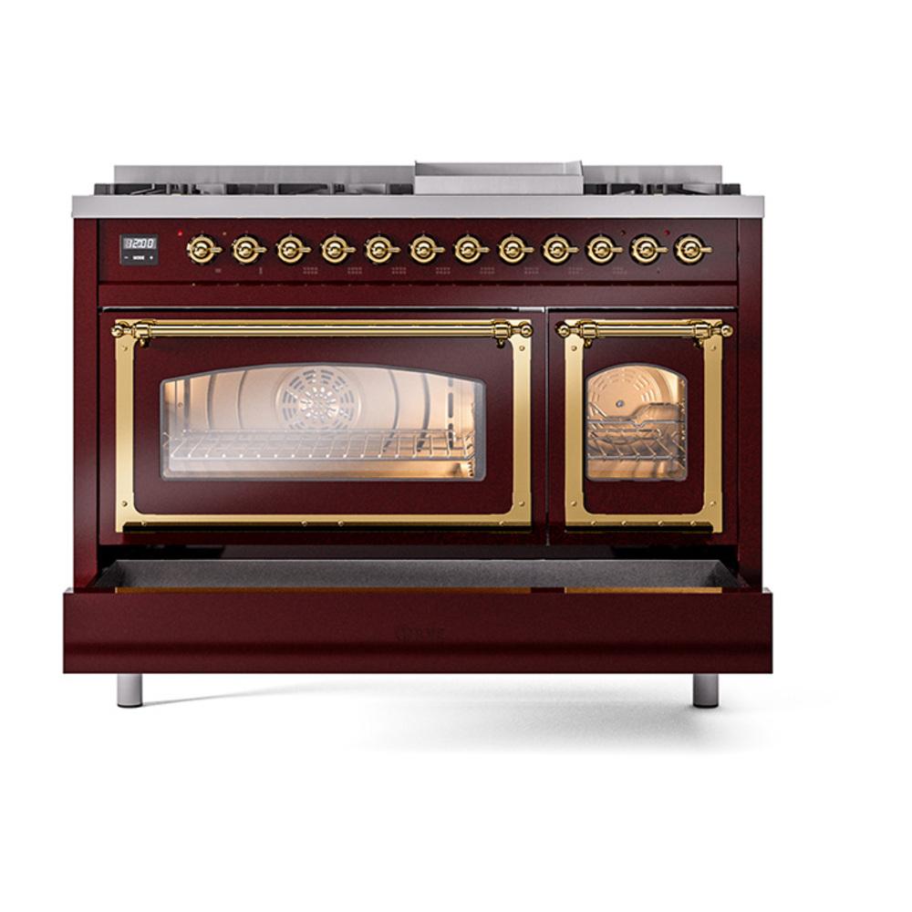 Ilve UN48FNMPBUGLP Ilve Un48Fnmpbuglp Nostalgie Ii Noblesse 48" Dual Fuel Range (8 Sealed Burners + Griddle, Liquid Propane, Triple Glass Door, Burgundy, Brass)