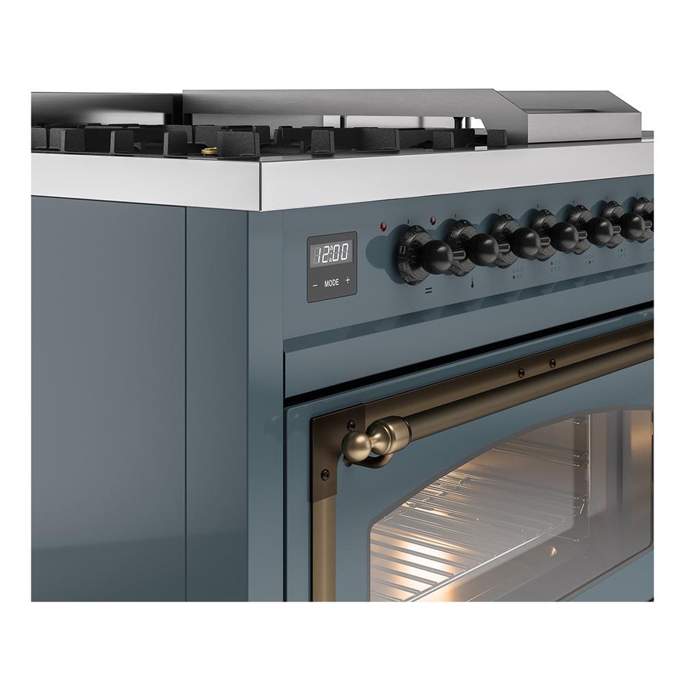 Ilve UN48FSNMPBGBLP Ilve Un48Fsnmpbgblp Nostalgie Ii Noblesse 48" Dual Fuel Range (5 Sealed Burners + Griddle + French Top, Liquid Propane, Triple Glass Door, Blue Grey, Burnished)