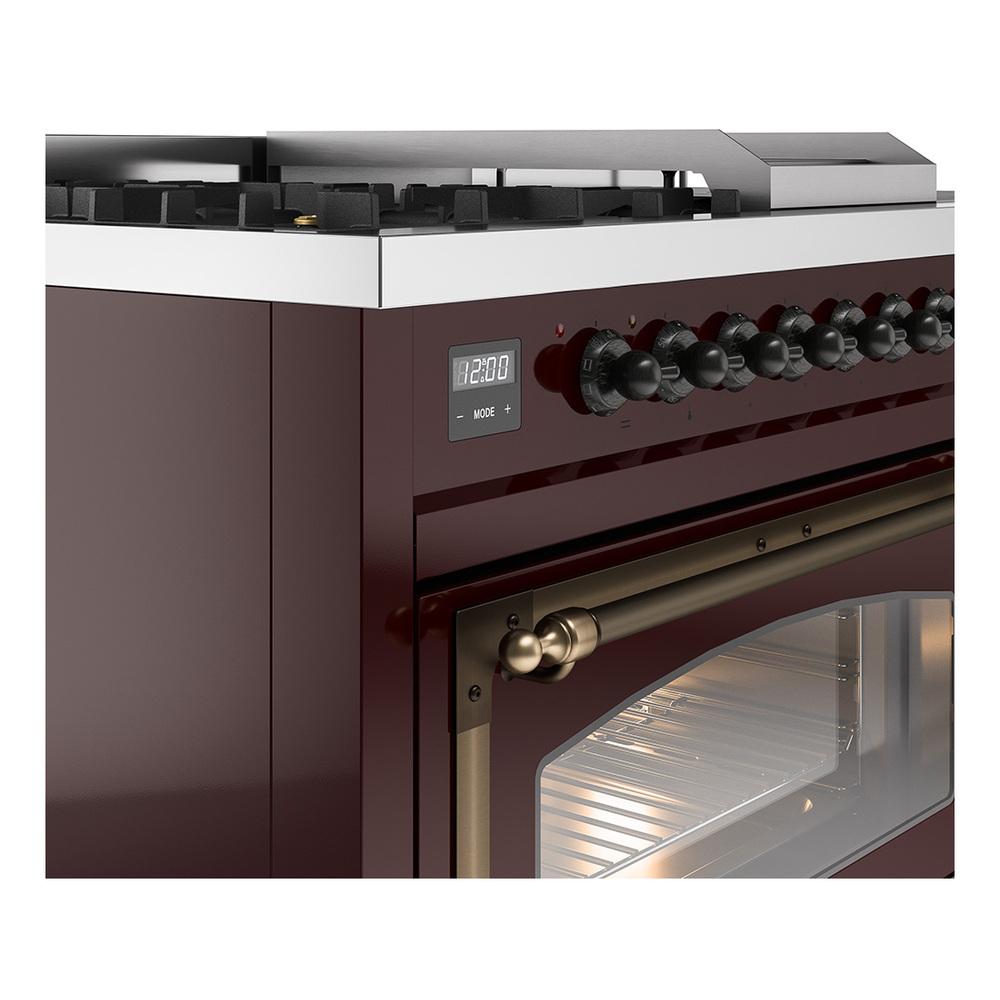 Ilve UN48FSNMPBUBLP Ilve Un48Fsnmpbublp Nostalgie Ii Noblesse 48" Dual Fuel Range (5 Sealed Burners + Griddle + French Top, Liquid Propane, Triple Glass Door, Burgundy, Burnished)
