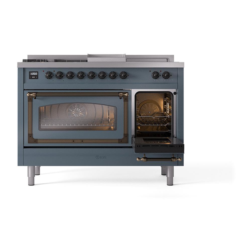 Ilve UN48FSNMPBGBLP Ilve Un48Fsnmpbgblp Nostalgie Ii Noblesse 48" Dual Fuel Range (5 Sealed Burners + Griddle + French Top, Liquid Propane, Triple Glass Door, Blue Grey, Burnished)