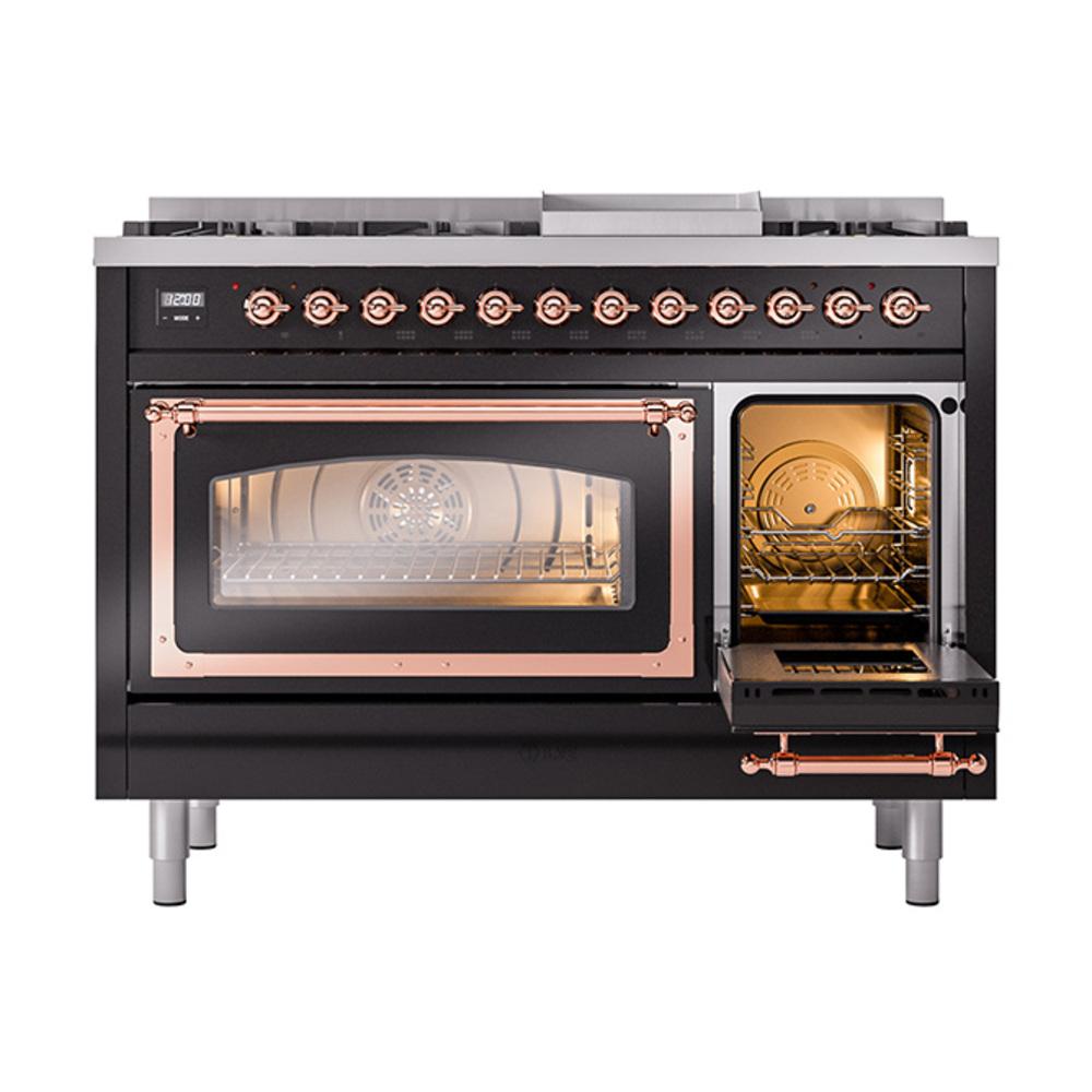 Ilve UN48FNMPBKP Ilve Un48Fnmpbkp Nostalgie Ii Noblesse 48" Dual Fuel Range (8 Sealed Burners + Griddle, Natural Gas, Triple Glass Door, Glossy Black, Copper)