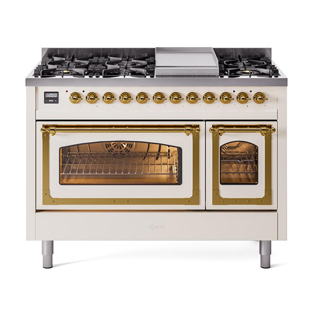 Ilve UN48FNMPAWGLP Ilve Un48Fnmpawglp Nostalgie Ii Noblesse 48" Dual Fuel Range (8 Sealed Burners + Griddle, Liquid Propane, Triple Glass Door, Antique White, Brass)
