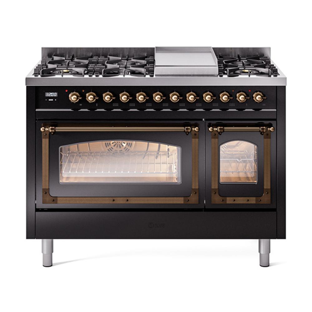 Ilve UN48FNMPBKBLP Ilve Un48Fnmpbkblp Nostalgie Ii Noblesse 48" Dual Fuel Range (8 Sealed Burners + Griddle, Liquid Propane, Triple Glass Door, Glossy Black, Burnished)