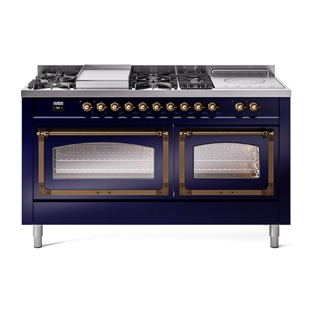 Ilve UN60FSNMPMBBLP Ilve Un60Fsnmpmbblp Nostalgie Ii Noblesse 60" Dual Fuel Range (7 Sealed Burners + Griddle + French Top, Liquid Propane, Triple Glass Door, Midnight Blue, Burnished)