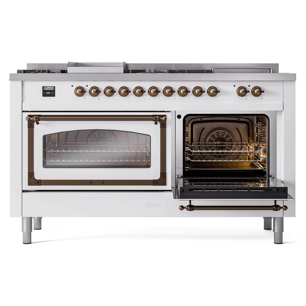 Ilve UN60FSNMPWHBLP Ilve Un60Fsnmpwhblp Nostalgie Ii Noblesse 60" Dual Fuel Range (7 Sealed Burners + Griddle + French Top, Liquid Propane, Triple Glass Door, White, Burnished)