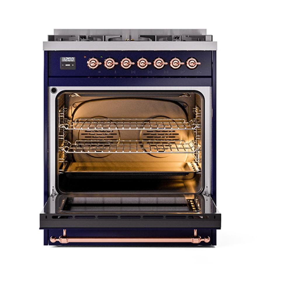 Ilve UN30QNMPMBP Ilve Un30Qnmpmbp Nostalgie Ii Noblesse 30" Dual Fuel Range (Natural Gas, Solid Door, Midnight Blue, Copper)