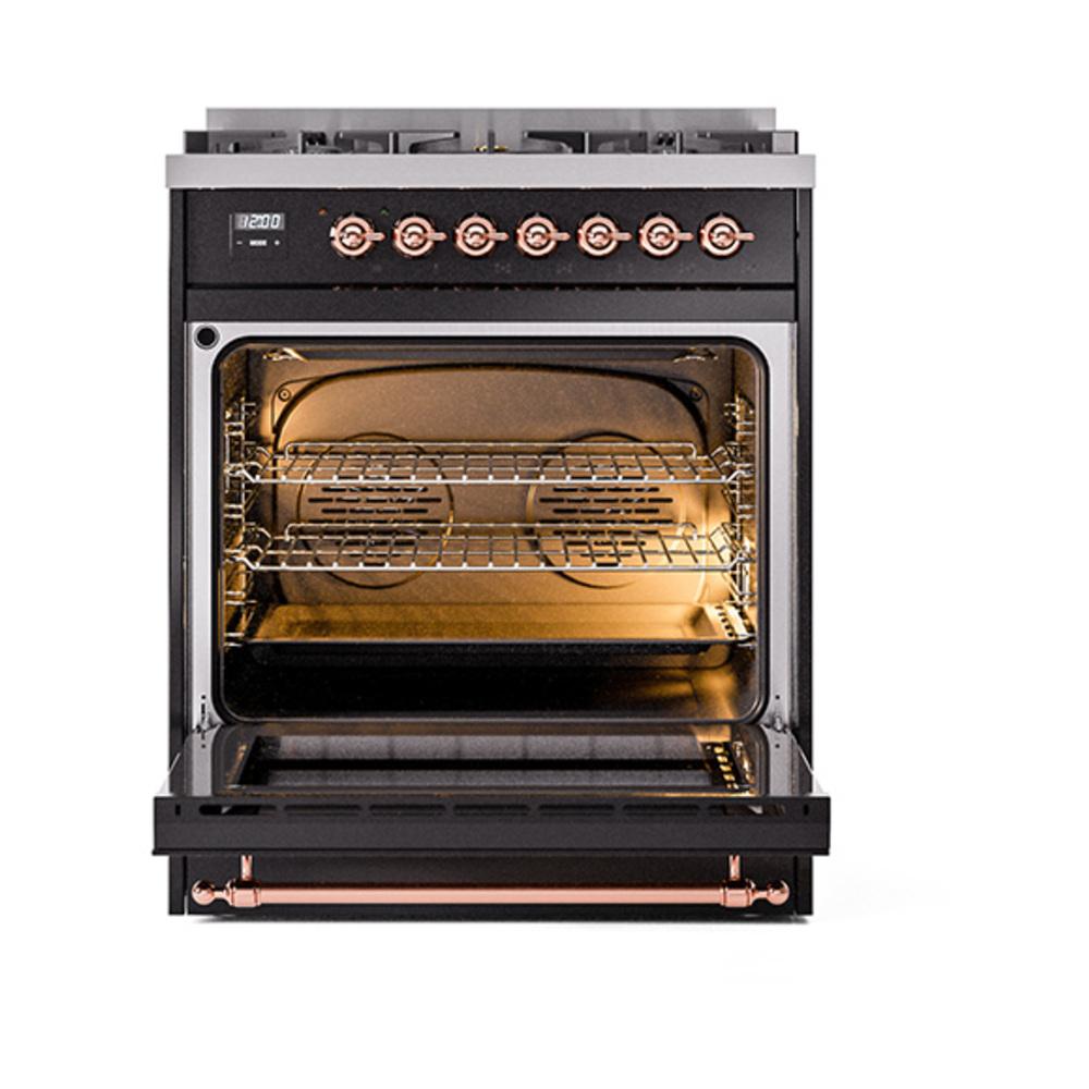 Ilve UN30NMPBKP Ilve Un30Nmpbkp Nostalgie Ii Noblesse 30" Dual Fuel Range (Natural Gas, Triple Glass Door, Glossy Black, Copper)