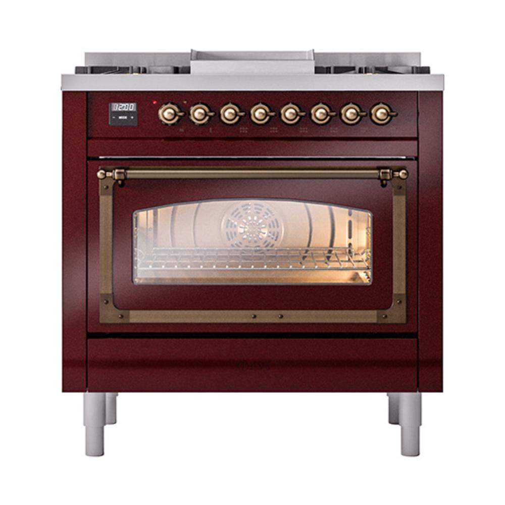 Ilve UN36FNMPBUB Ilve Un36Fnmpbub Nostalgie Ii Noblesse 36" Dual Fuel Range (Natural Gas, Triple Glass Door, Burgundy, Burnished)