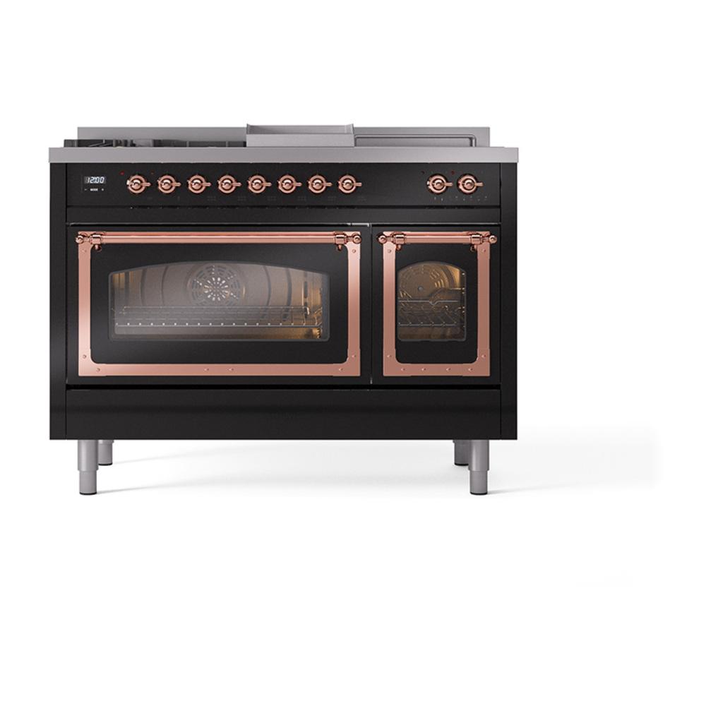 Ilve UN48FSNMPBKP Ilve Un48Fsnmpbkp Nostalgie Ii Noblesse 48" Dual Fuel Range (5 Sealed Burners + Griddle + French Top, Natural Gas, Triple Glass Door, Glossy Black, Copper)