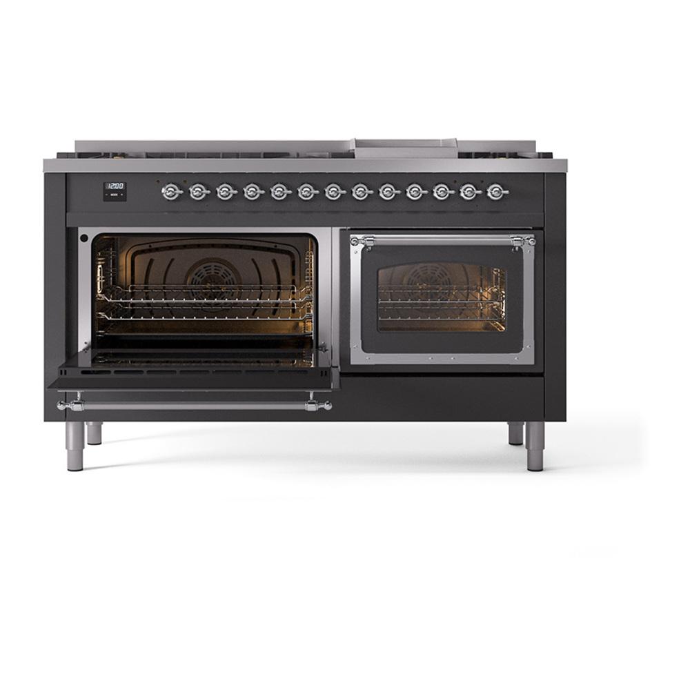 Ilve UN60FNMPMGCLP Ilve Un60Fnmpmgclp Nostalgie Ii Noblesse 60" Dual Fuel Range (9 Sealed Burners + Griddle, Liquid Propane, Triple Glass Door, Graphite Matte, Chrome)