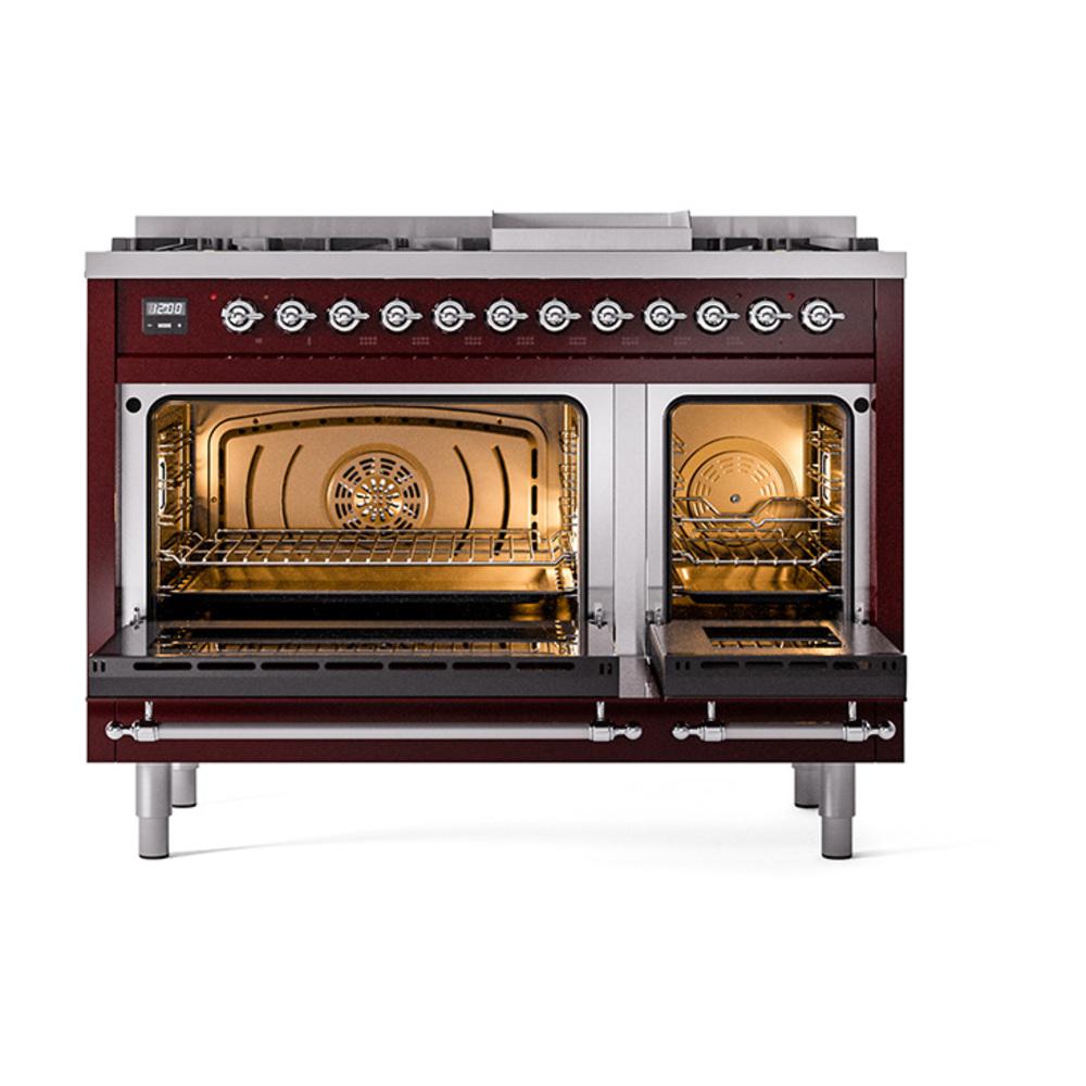 Ilve UN48FQNMPBUCLP Ilve Un48Fqnmpbuclp Nostalgie Ii Noblesse 48" Dual Fuel Range (8 Sealed Burners + Griddle, Liquid Propane, Solid Door, Burgundy, Chrome)