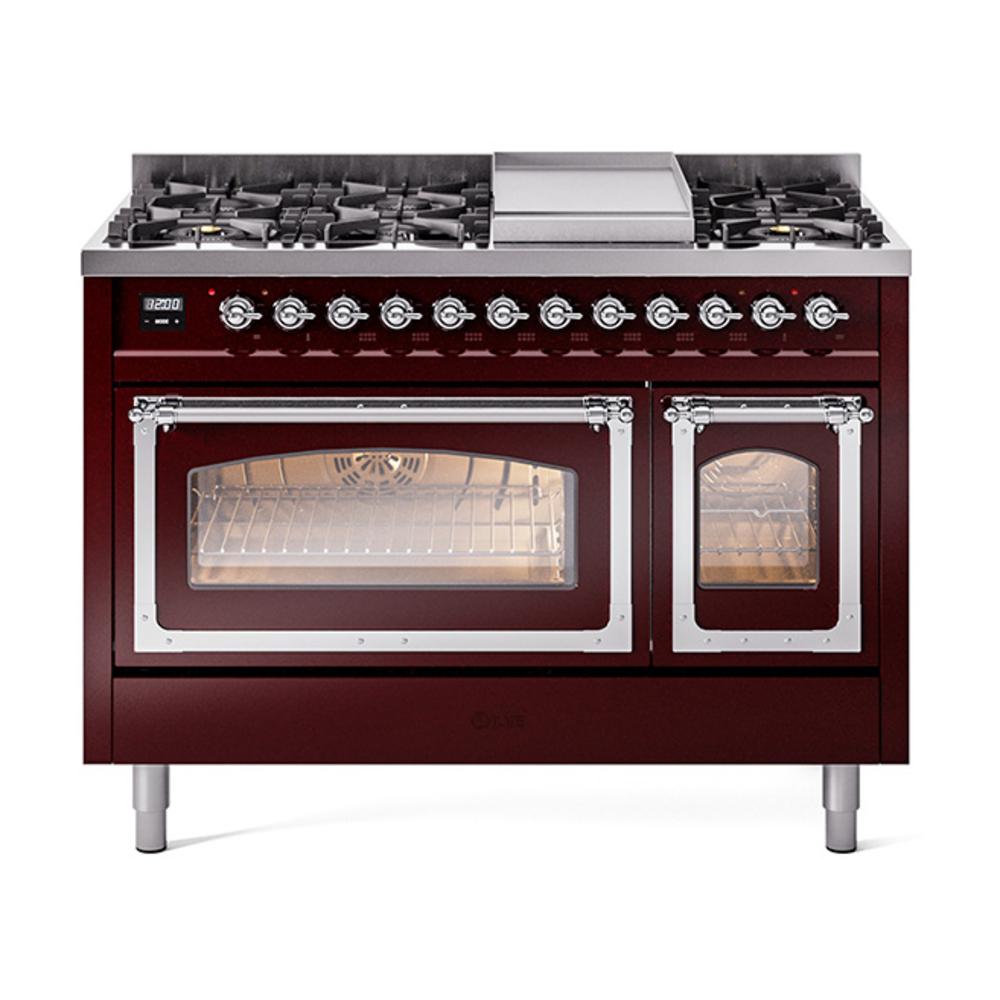 Ilve UN48FNMPBUC Ilve Un48Fnmpbuc Nostalgie Ii Noblesse 48" Dual Fuel Range (8 Sealed Burners + Griddle, Natural Gas, Triple Glass Door, Burgundy, Chrome)