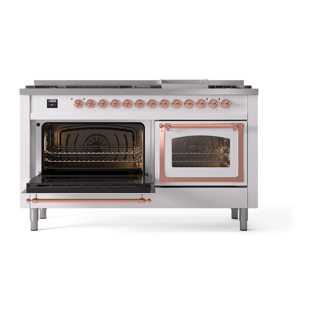Ilve UN60FNMPWHPLP Ilve Un60Fnmpwhplp Nostalgie Ii Noblesse 60" Dual Fuel Range (9 Sealed Burners + Griddle, Liquid Propane, Triple Glass Door, White, Copper)