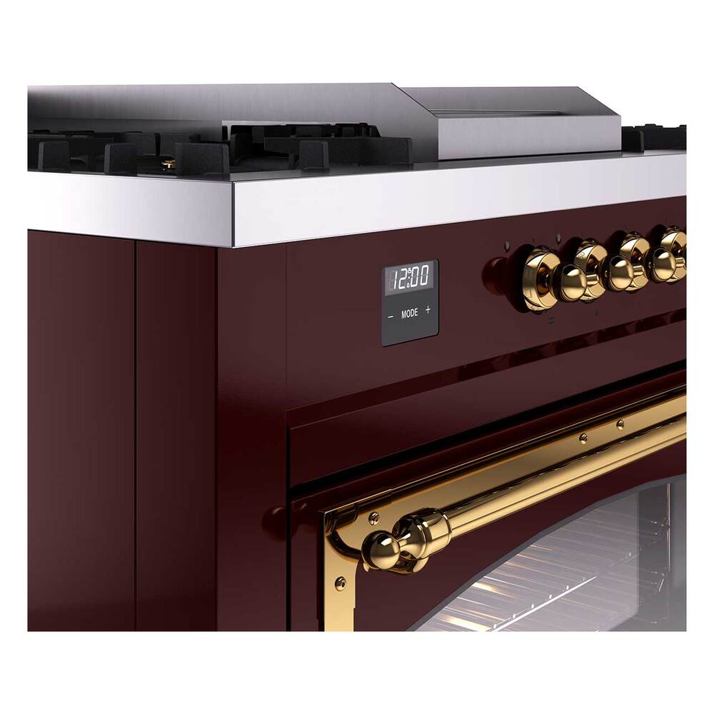 Ilve UN60FSNMPBUGLP Ilve Un60Fsnmpbuglp Nostalgie Ii Noblesse 60" Dual Fuel Range (7 Sealed Burners + Griddle + French Top, Liquid Propane, Triple Glass Door, Burgundy, Brass)