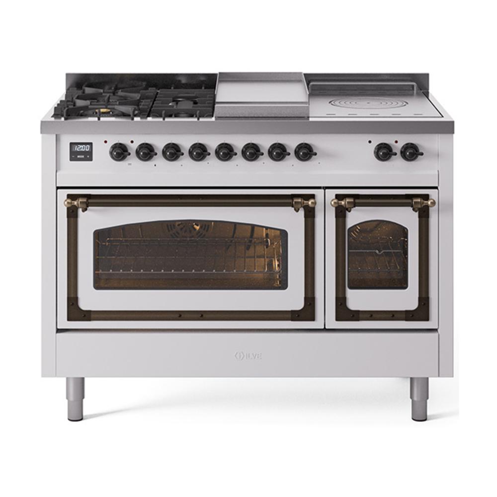 Ilve UN48FSNMPWHBLP Ilve Un48Fsnmpwhblp Nostalgie Ii Noblesse 48" Dual Fuel Range (5 Sealed Burners + Griddle + French Top, Liquid Propane, Triple Glass Door, White, Burnished)