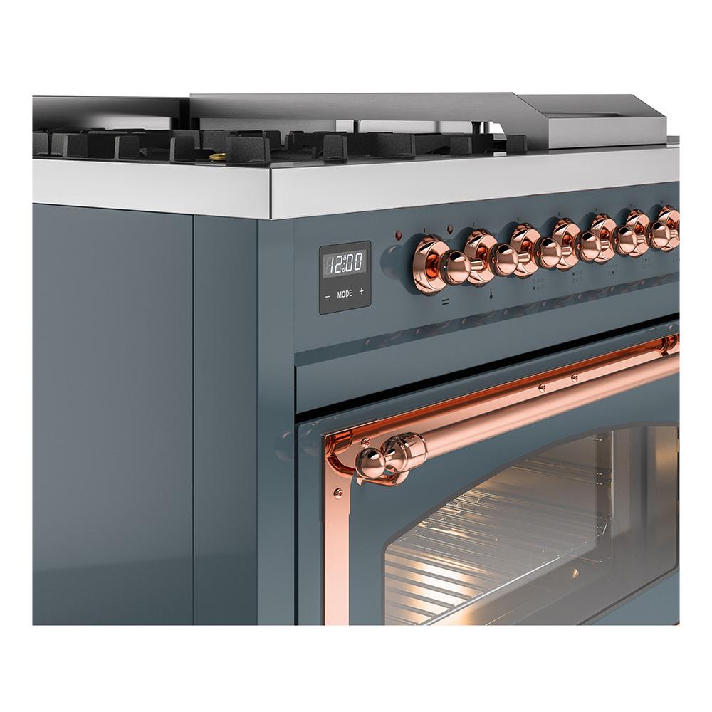 Ilve UN48FSNMPBGPLP Ilve Un48Fsnmpbgplp Nostalgie Ii Noblesse 48" Dual Fuel Range (5 Sealed Burners + Griddle + French Top, Liquid Propane, Triple Glass Door, Blue Grey, Copper)