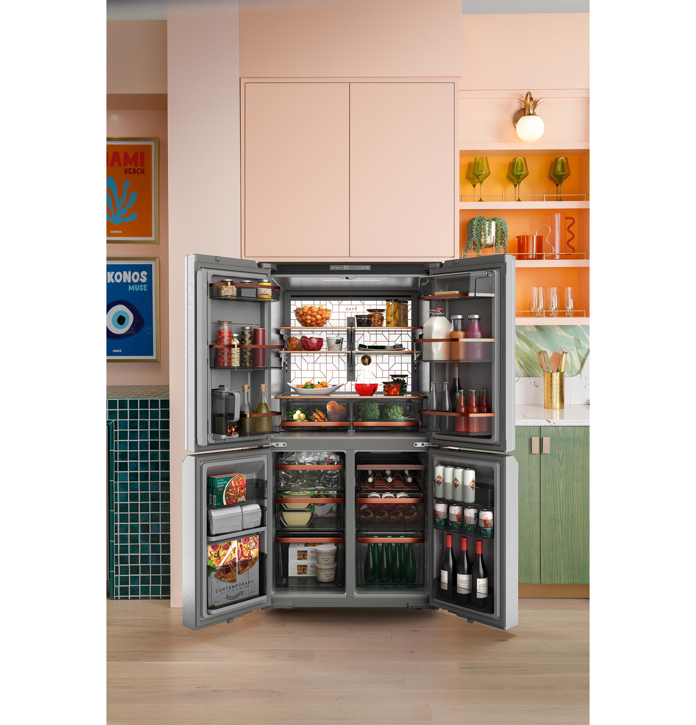Cafe CHE23DM5WS5 Café™ Energy Star® 22.9 Cu. Ft. Smart Counter-Depth Quad-Door Refrigerator In Platinum Glass With Dual-Dispense Autofill Pitcher