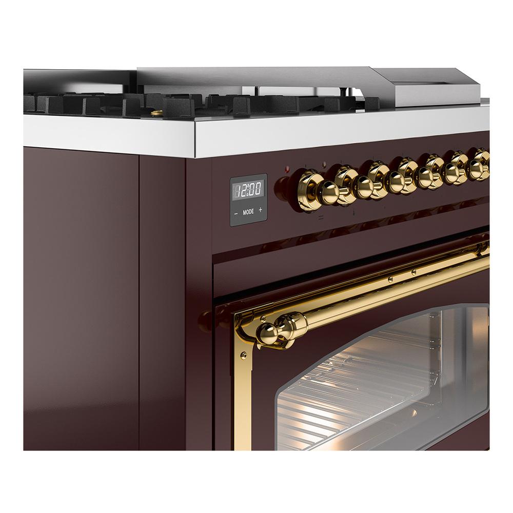 Ilve UN48FSNMPBUGLP Ilve Un48Fsnmpbuglp Nostalgie Ii Noblesse 48" Dual Fuel Range (5 Sealed Burners + Griddle + French Top, Liquid Propane, Triple Glass Door, Burgundy, Brass)