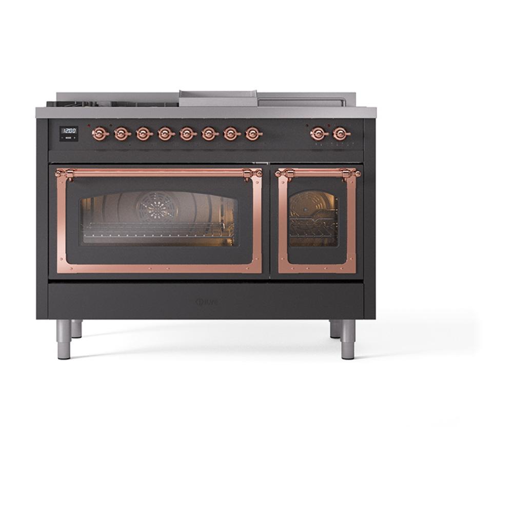 Ilve UN48FSNMPMGP Ilve Un48Fsnmpmgp Nostalgie Ii Noblesse 48" Dual Fuel Range (5 Sealed Burners + Griddle + French Top, Natural Gas, Triple Glass Door, Graphite Matte, Copper)