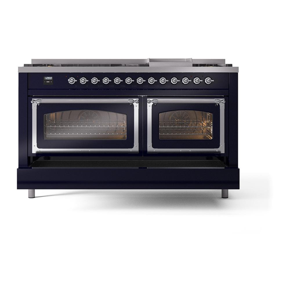 Ilve UN60FNMPMBCLP Ilve Un60Fnmpmbclp Nostalgie Ii Noblesse 60" Dual Fuel Range (9 Sealed Burners + Griddle, Liquid Propane, Triple Glass Door, Midnight Blue, Chrome)