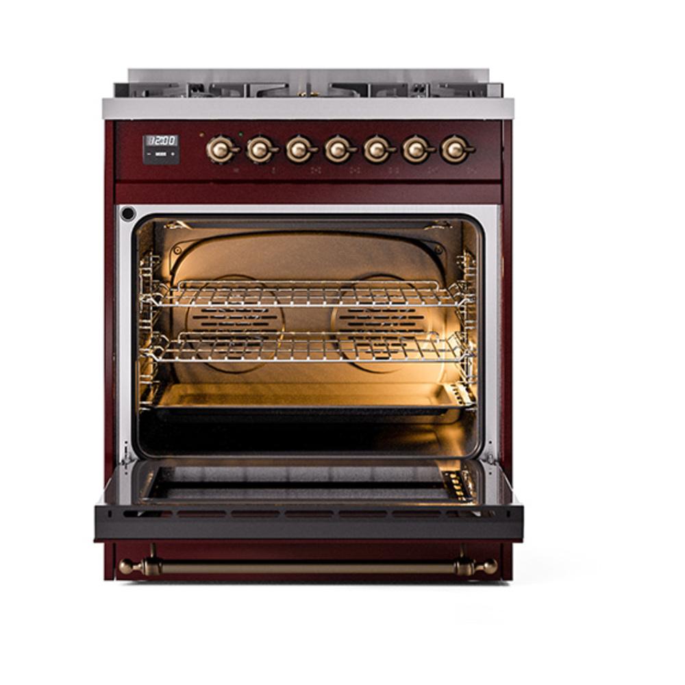 Ilve UN30NMPBUB Ilve Un30Nmpbub Nostalgie Ii Noblesse 30" Dual Fuel Range (Natural Gas, Triple Glass Door, Burgundy, Burnished)