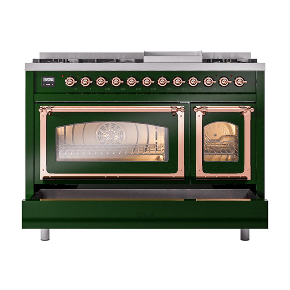 Ilve UN48FNMPEGP Ilve Un48Fnmpegp Nostalgie Ii Noblesse 48" Dual Fuel Range (8 Sealed Burners + Griddle, Natural Gas, Triple Glass Door, Emerald Green, Copper)