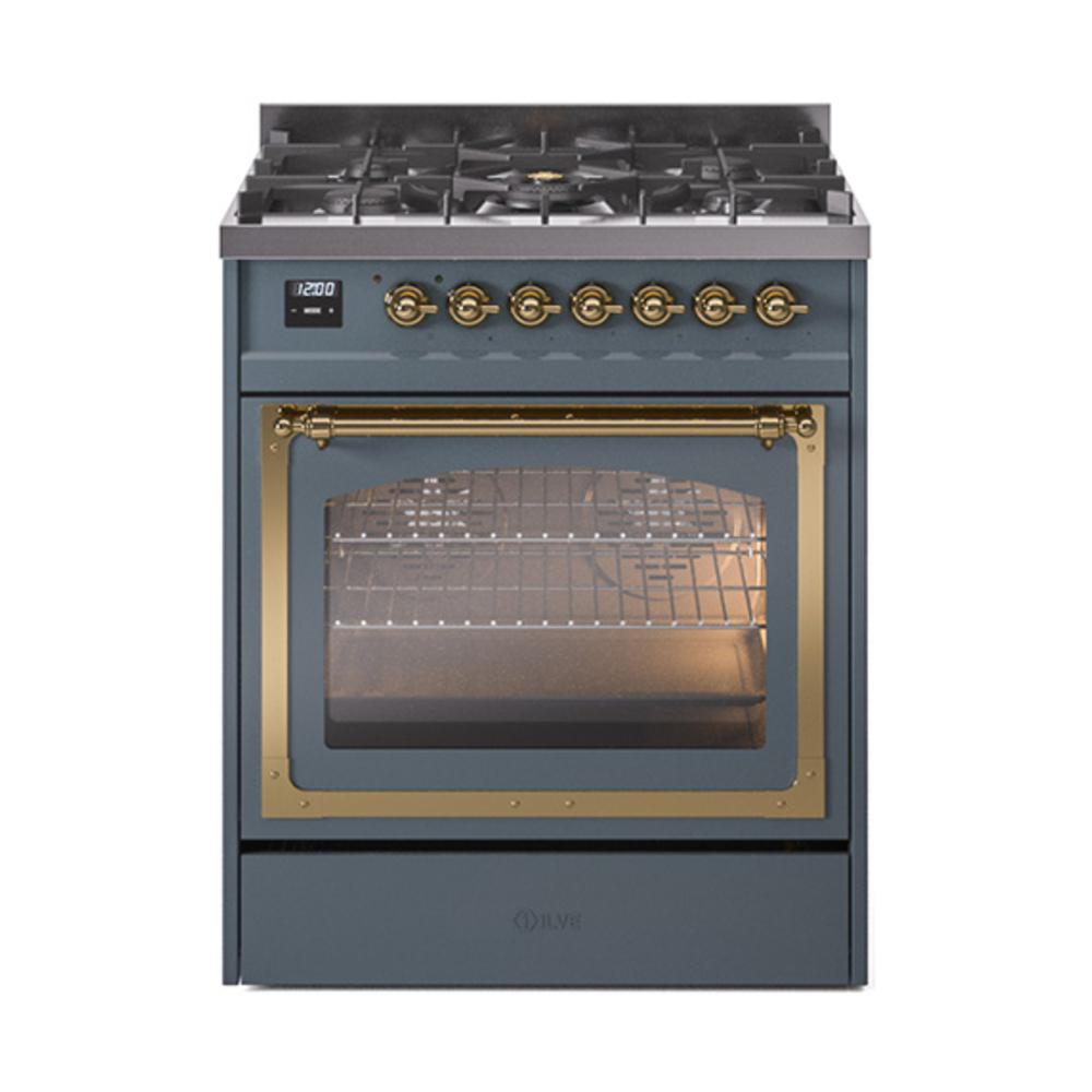 Ilve UN30NMPBGGLP Ilve Un30Nmpbgglp Nostalgie Ii Noblesse 30" Dual Fuel Range (Liquid Propane, Triple Glass Door, Blue Grey, Brass)