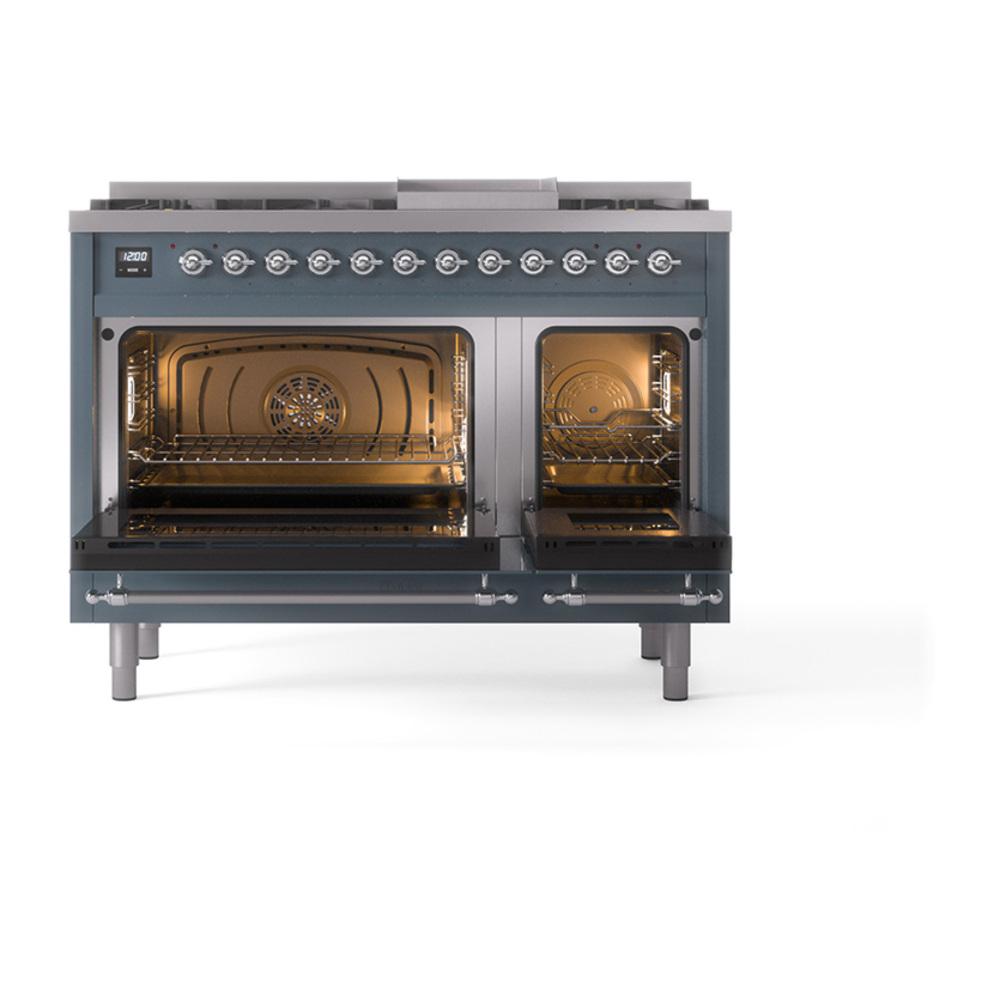 Ilve UN48FNMPBGCLP Ilve Un48Fnmpbgclp Nostalgie Ii Noblesse 48" Dual Fuel Range (8 Sealed Burners + Griddle, Liquid Propane, Triple Glass Door, Blue Grey, Chrome)