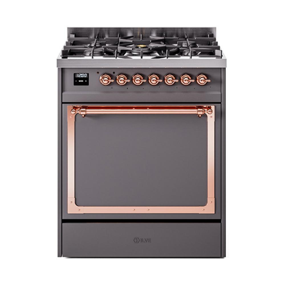 Ilve UN30QNMPMGPLP Ilve Un30Qnmpmgplp Nostalgie Ii Noblesse 30" Dual Fuel Range (Liquid Propane, Solid Door, Graphite Matte, Copper)