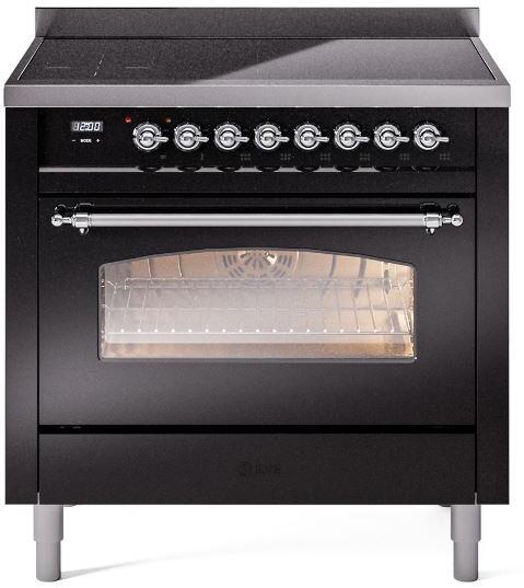Ilve UPI366NMPBKC Nostalgie Ii 36 Inch Electric Freestanding Range In Glossy Black With Chrome Trim