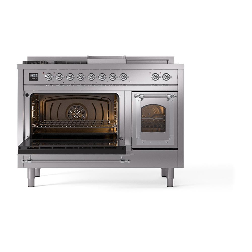 Ilve UN48FSNMPSSC Ilve Un48Fsnmpssc Nostalgie Ii Noblesse 48" Dual Fuel Range (5 Sealed Burners + Griddle + French Top, Natural Gas, Triple Glass Door, Stainless Steel, Chrome)