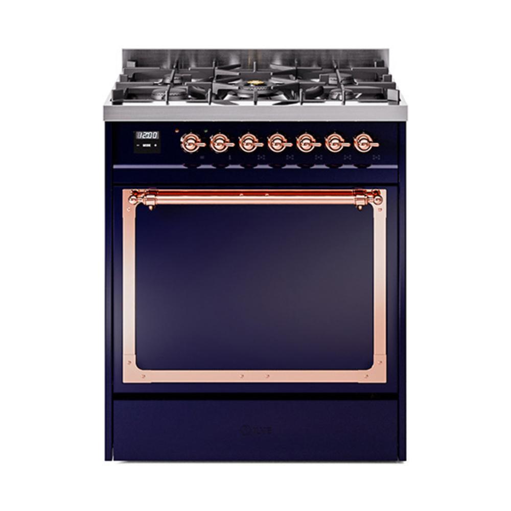 Ilve UN30QNMPMBP Ilve Un30Qnmpmbp Nostalgie Ii Noblesse 30" Dual Fuel Range (Natural Gas, Solid Door, Midnight Blue, Copper)