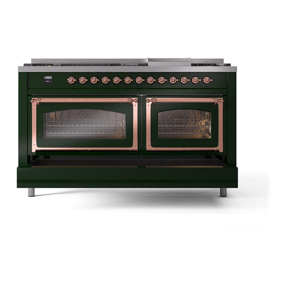Ilve UN60FNMPEGP Ilve Un60Fnmpegp Nostalgie Ii Noblesse 60" Dual Fuel Range (9 Sealed Burners + Griddle, Natural Gas, Triple Glass Door, Emerald Green, Copper)