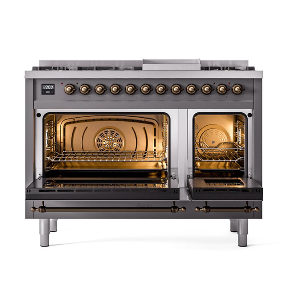 Ilve UN48FQNMPMGBLP Ilve Un48Fqnmpmgblp Nostalgie Ii Noblesse 48" Dual Fuel Range (8 Sealed Burners + Griddle, Liquid Propane, Solid Door, Graphite Matte, Burnished)