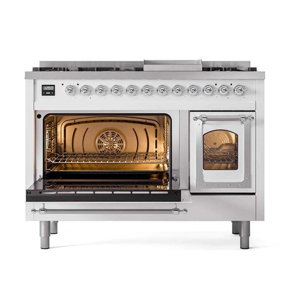 Ilve UN48FNMPRAC Ilve Un48Fnmprac Nostalgie Ii Noblesse 48" Dual Fuel Range (8 Sealed Burners + Griddle, Natural Gas, Triple Glass Door, Ral, Chrome)