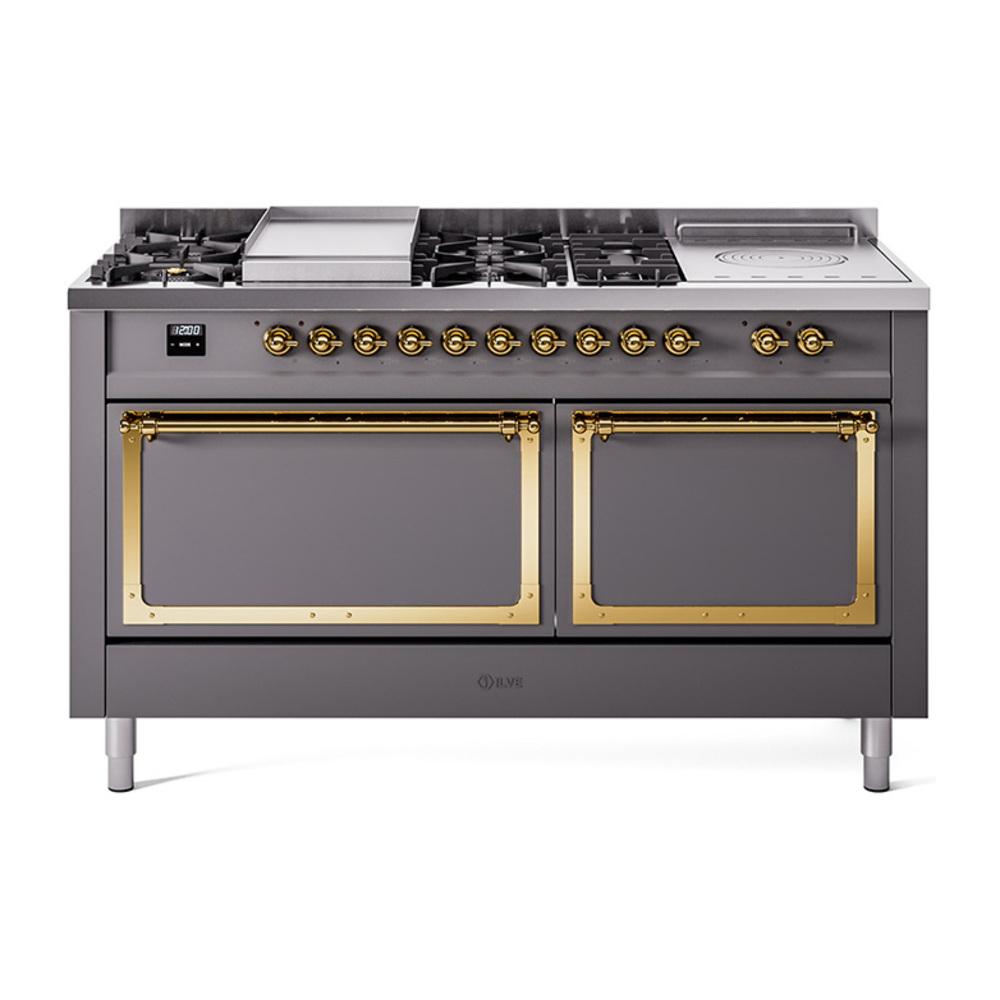 Ilve UN60FSQNMPMGG Ilve Un60Fsqnmpmgg Nostalgie Ii Noblesse 60" Dual Fuel Range (7 Sealed Burners + Griddle + French Top, Natural Gas, Solid Door, Graphite Matte, Brass)
