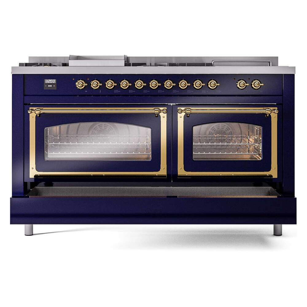 Ilve UN60FSNMPMBG Ilve Un60Fsnmpmbg Nostalgie Ii Noblesse 60" Dual Fuel Range (7 Sealed Burners + Griddle + French Top, Natural Gas, Triple Glass Door, Midnight Blue, Brass)